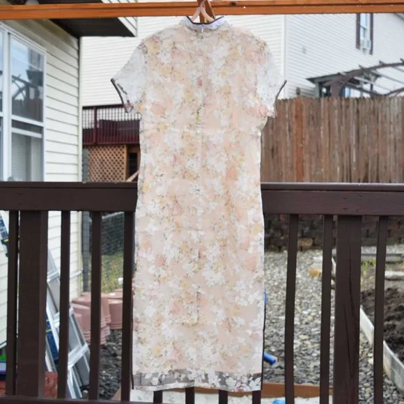 【SOLD】 Beige Chiffon Flora Qipao Long Dress - Chinese Traditional Cheongsam - Picture 4 of 6